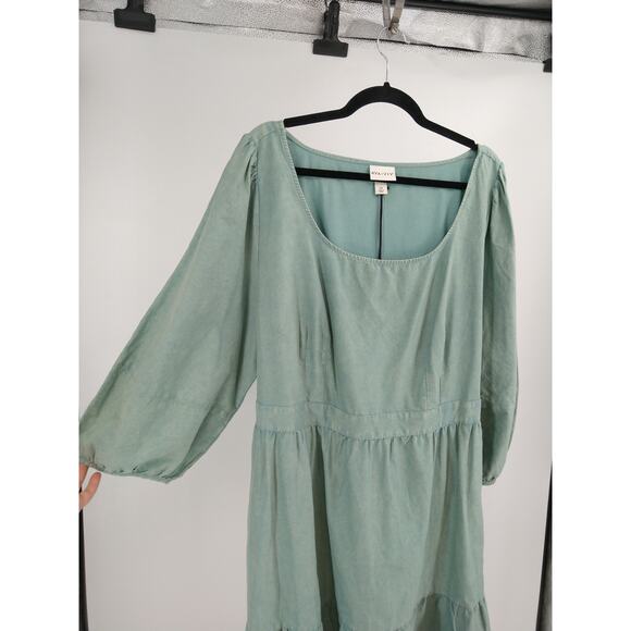 Ava‎ & Viv A-Line Dress 2X Balloon 3/4 Sleeve Tiered Cotton Tie Back Teal NWT - Picture 4 of 14